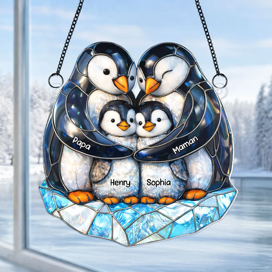 Famille de pingouins – Ornement attrape-soleil personnalisé avec prénoms – Cadeau pour papa et maman