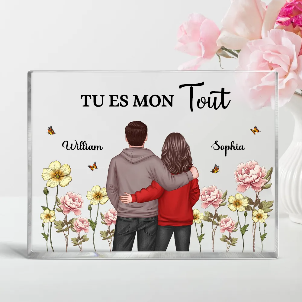 Texte, fleurs de naissance et bloc acrylique pour couple