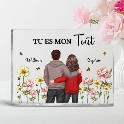 Texte, fleurs de naissance et bloc acrylique pour couple