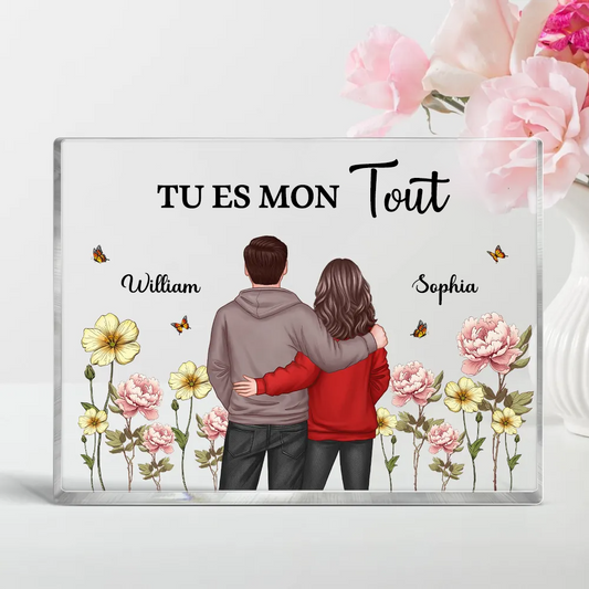 Texte, fleurs de naissance et bloc acrylique pour couple