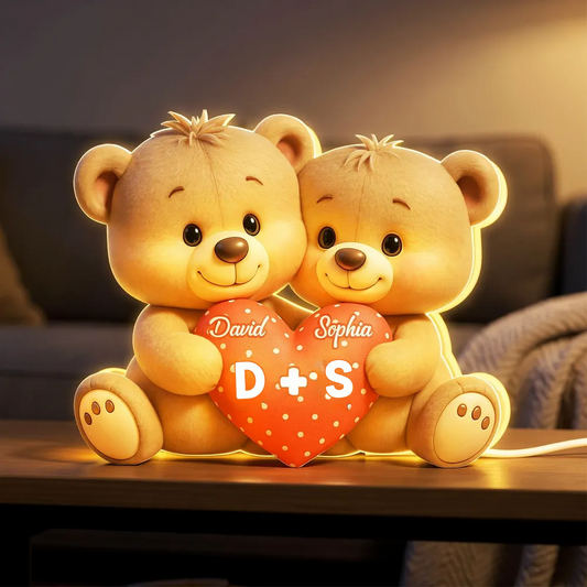 Ours et cœur - Boîte lumineuse LED personnalisée avec prénom - Cadeau pour couple