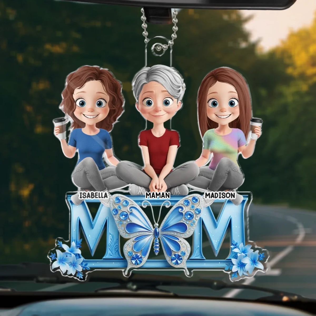 Pendentif en acrylique « MOM » avec maman et filles