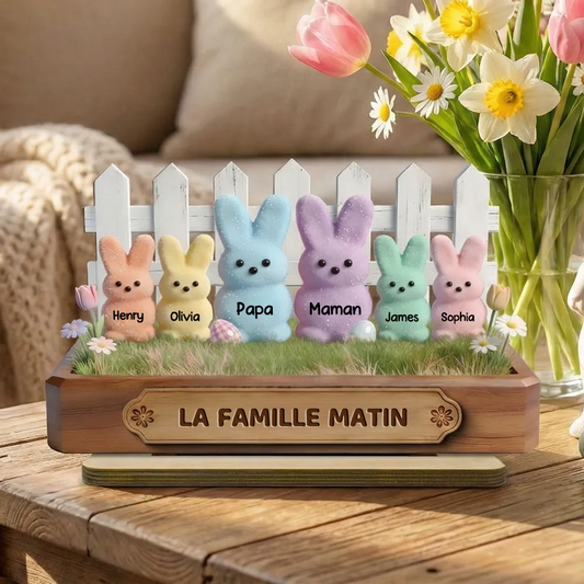 Famille de lapins – Présentoir en bois personnalisé avec prénoms – Cadeau pour papi, mamie et maman