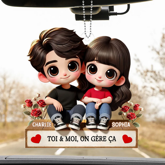 Pendentif en acrylique personnalisé avec illustration cartoon – Cadeau pour couple