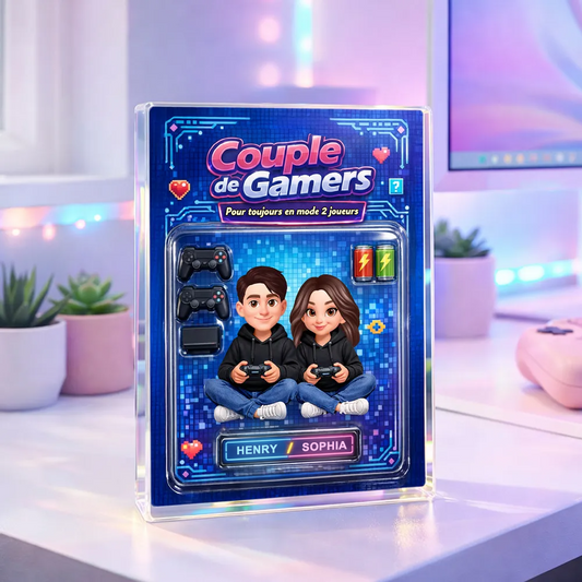 Couple de gamers – Bloc en acrylique personnalisé avec couple et prénoms