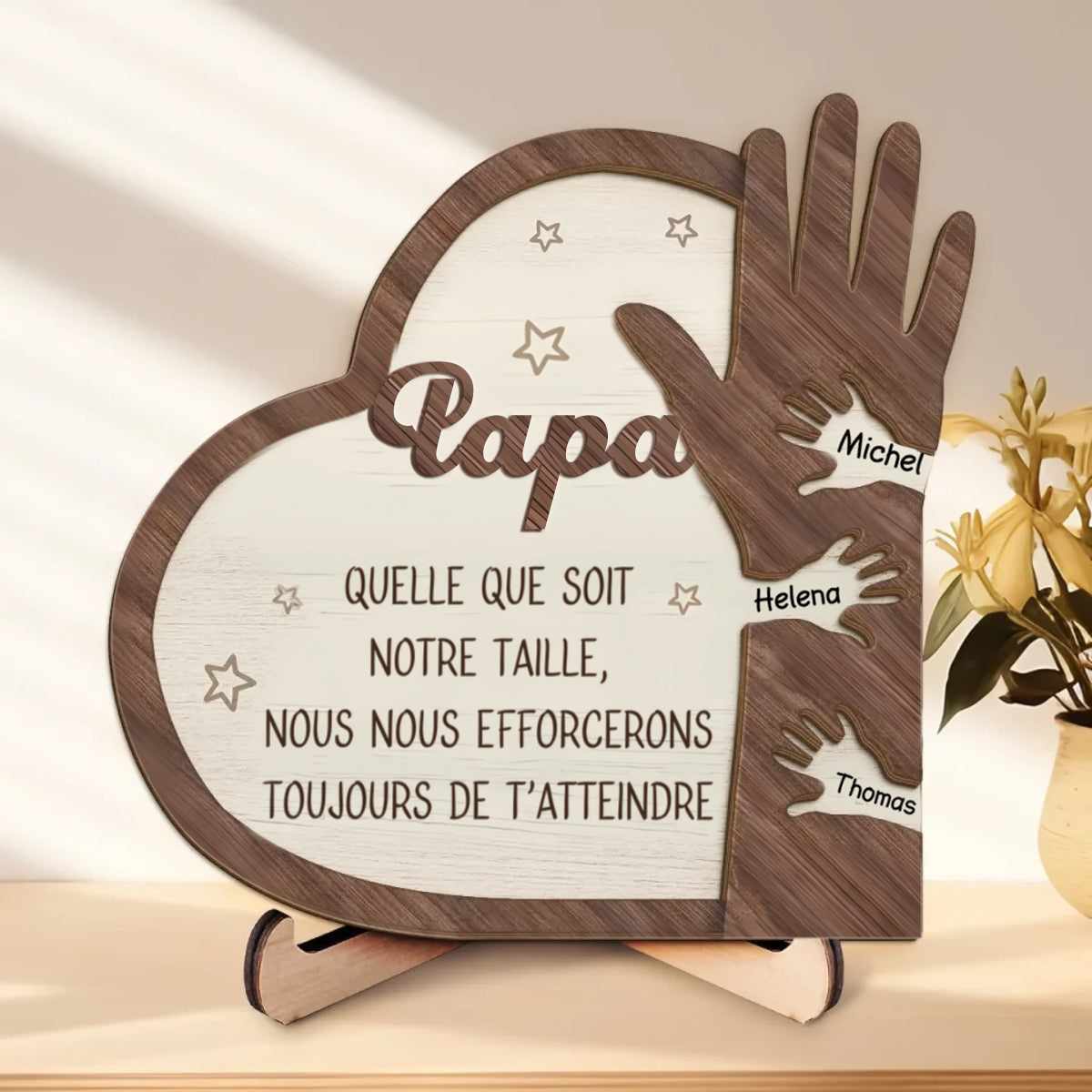 Tableau en bois personnalisé à deux couches "Main dans la main" pour Papa