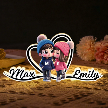 Joli couple et cœur - Boîte lumineuse personnalisée avec prénoms - Cadeau pour la Saint-Valentin