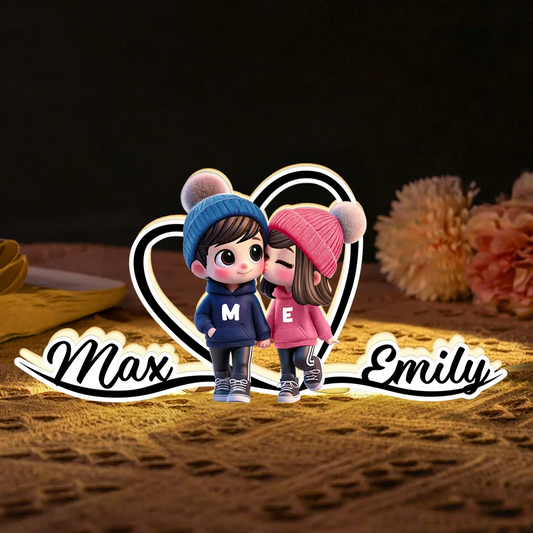 Joli couple et cœur - Boîte lumineuse personnalisée avec prénoms - Cadeau pour la Saint-Valentin