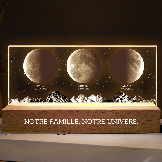 Veilleuse LED personnalisée avec phases de lune et texte – Cadeau pour papa et maman