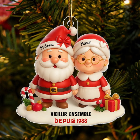 « Vieillir ensemble » – décoration de Noël personnalisée en acrylique avec couple de Pères Noël