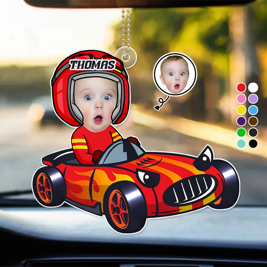 Pilote de course bébé – Ornement photo en acrylique
