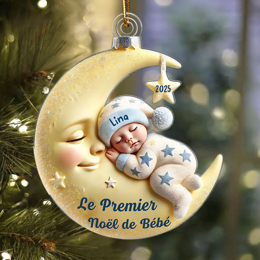 Premier Noël de bébé – Ornement acrylique personnalisé « Bébé sur lune »
