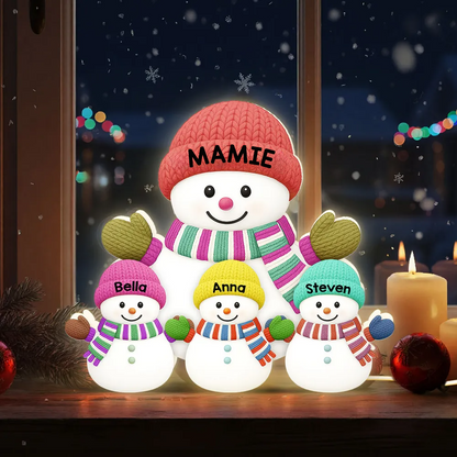 Boîte lumineuse personnalisée “Noël avec Mamie & Papi – Famille Bonhommes de Neige et Petits-Enfants”