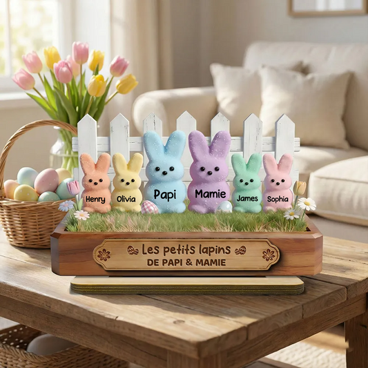 Décoration en bois personnalisé avec lapins – Cadeau pour papi et mamie