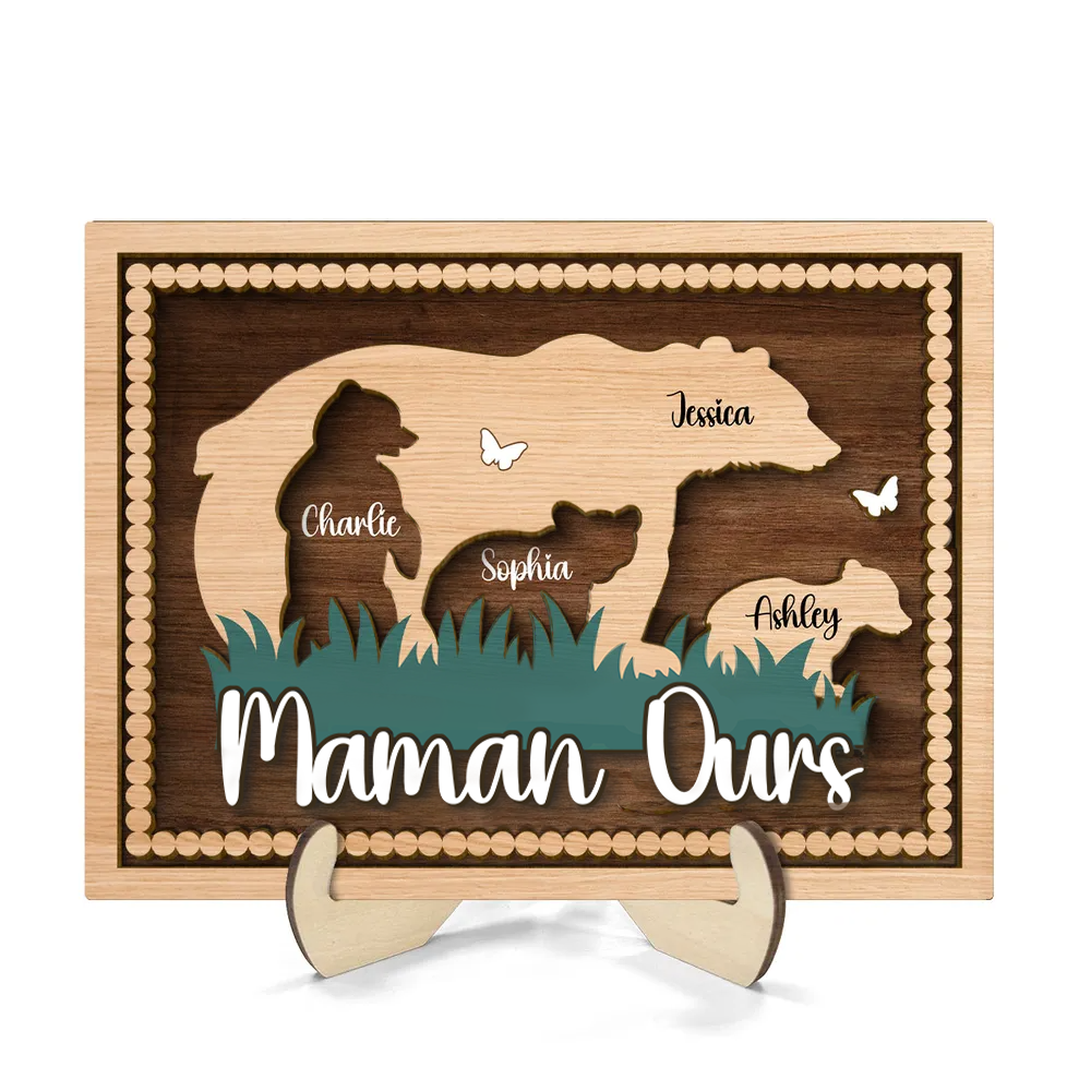 Décoration en bois personnalisé à 2 couches « Maman Ourse » avec motif d’ours