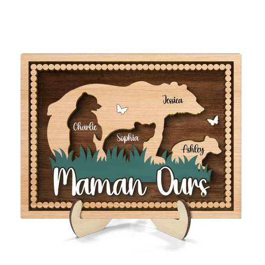 Décoration en bois personnalisé à 2 couches « Maman Ourse » avec motif d’ours