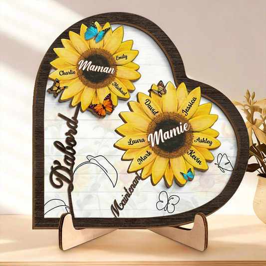D’abord… Maintenant… – Présentoir en bois personnalisé avec tournesols – Cadeau pour maman et mamie