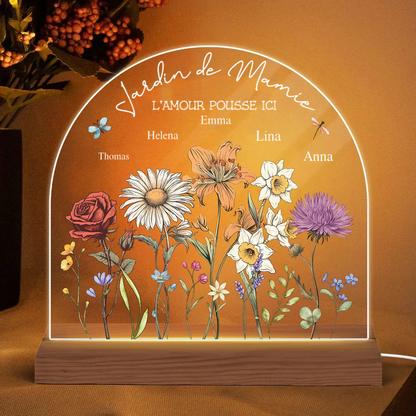 Jardin avec fleurs de naissance – Lampe de nuit personnalisée pour maman et grand-maman