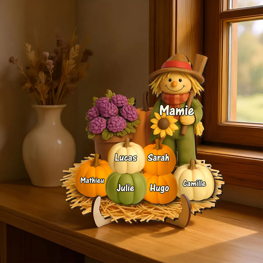 Plaque en bois personnalisée avec épouvantail et citrouilles – avec nom(s)
