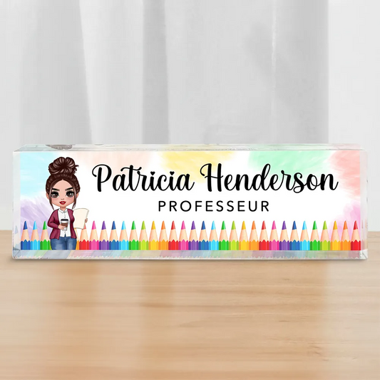Plaque nominative en acrylique personnalisée – Pour enseignantes avec motifs de crayons de couleur