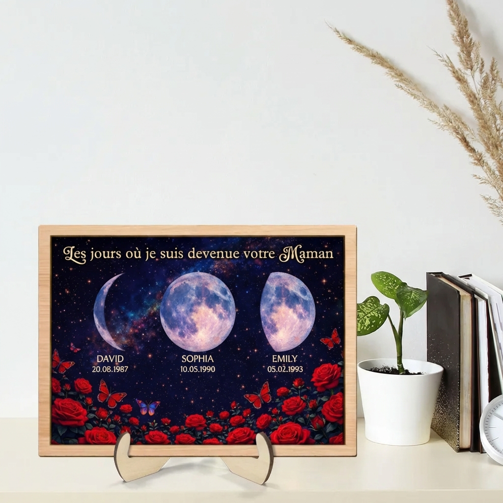 Roses et phases de lune – Présentoir en bois personnalisé – Cadeau pour maman