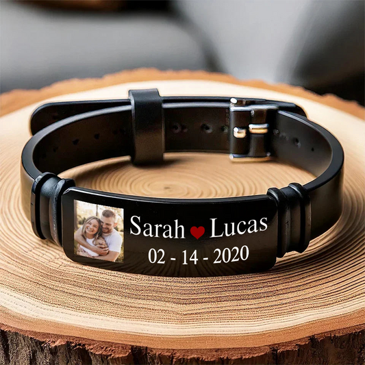 Bracelet en acier inoxydable avec photo et prénoms – Cadeau pour couple
