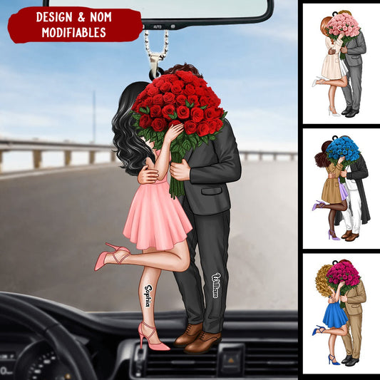 Couple avec bouquet de roses – Pendentif en acrylique personnalisé
