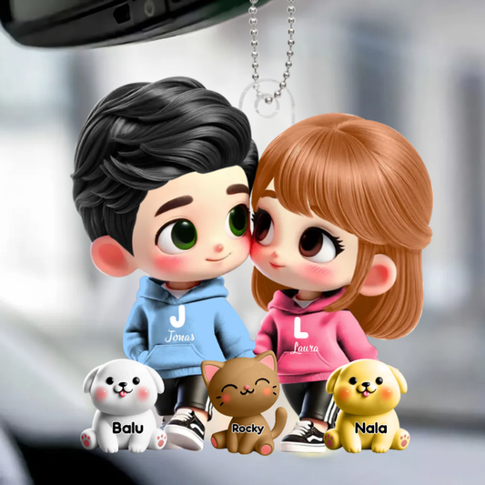 Pendentif de voiture personnalisé avec couple cartoon et animaux de compagnie – Cadeau pour couple
