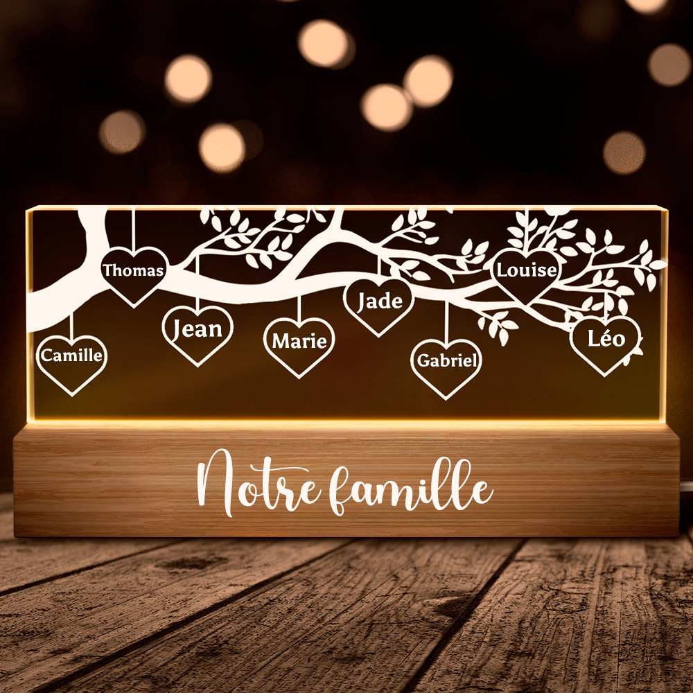 Arbre généalogique - Veilleuse LED personnalisée avec 1 à 8 noms Cadeau pour la famille
