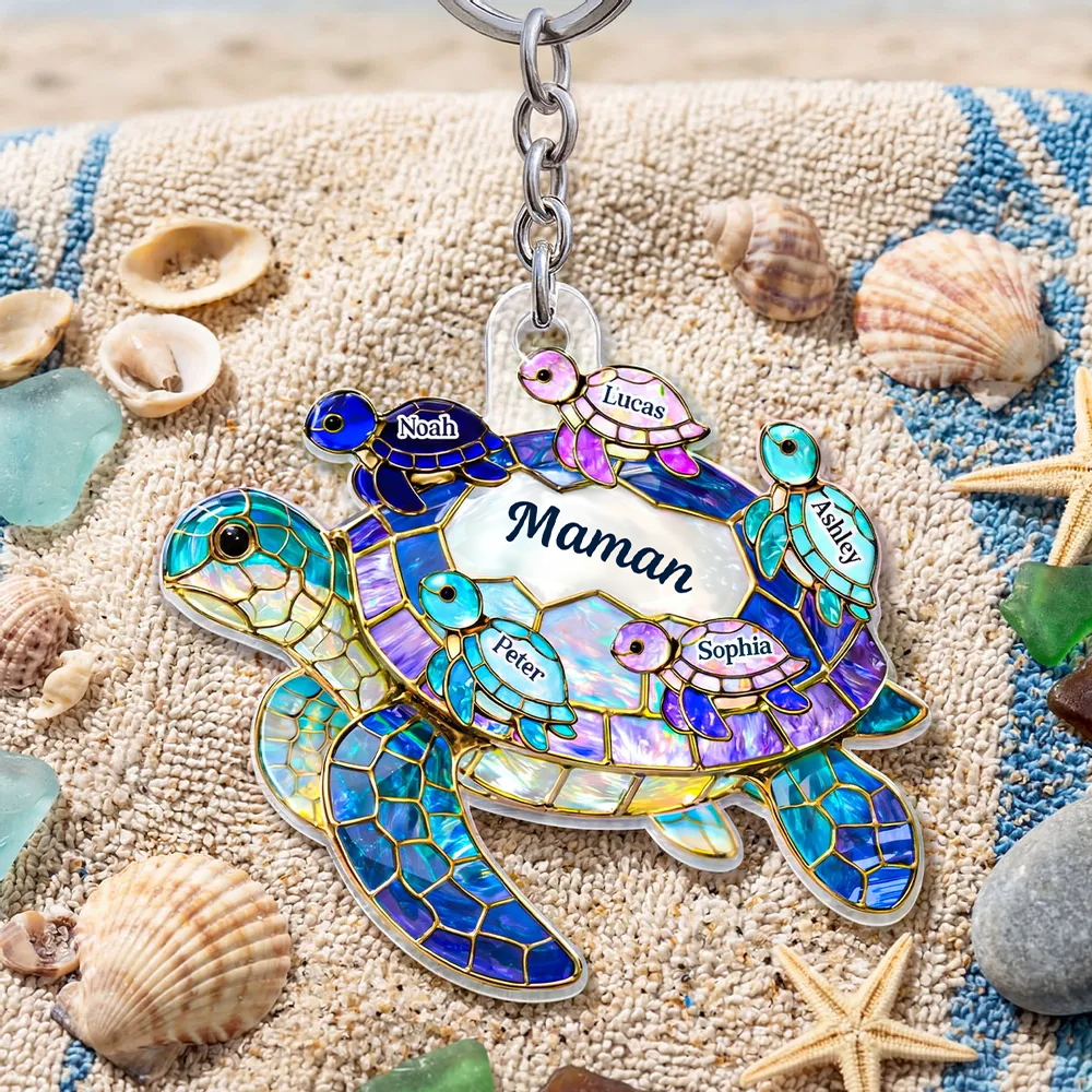 Porte-clés en acrylique avec tortues marines et prénoms – Cadeau pour mamie et maman