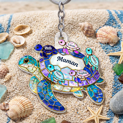 Porte-clés en acrylique avec tortues marines et prénoms – Cadeau pour mamie et maman