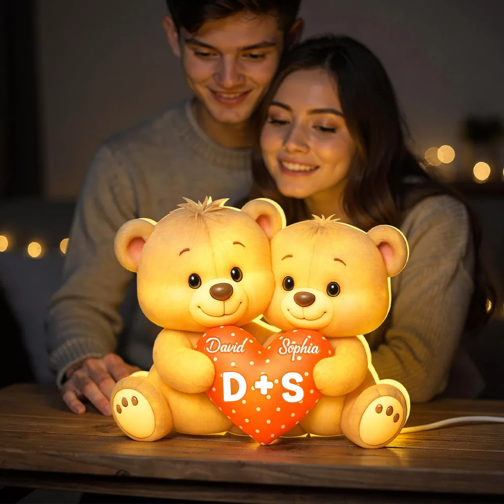 Ours et cœur - Boîte lumineuse LED personnalisée avec prénom - Cadeau pour couple