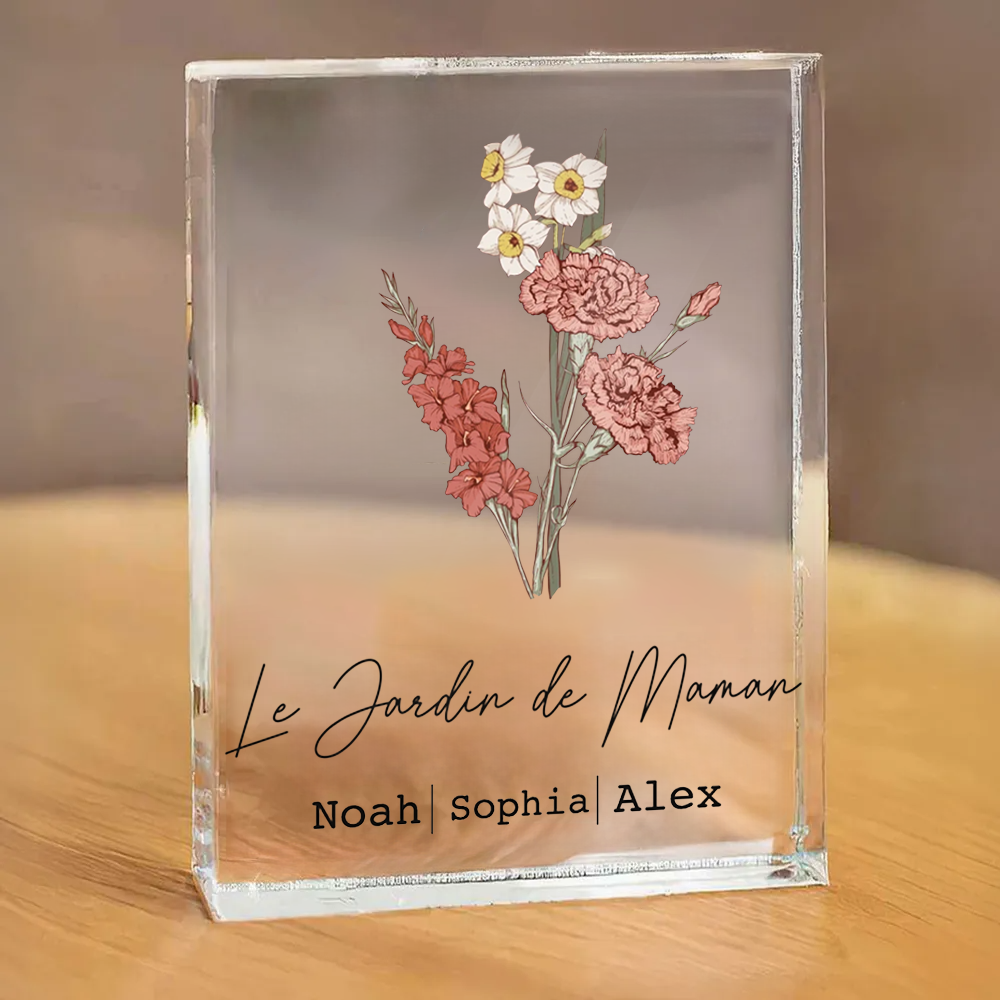 Bloc en acrylique personnalisé avec bouquet de fleurs de naissance, texte et prénoms – Cadeau pour maman et mamie