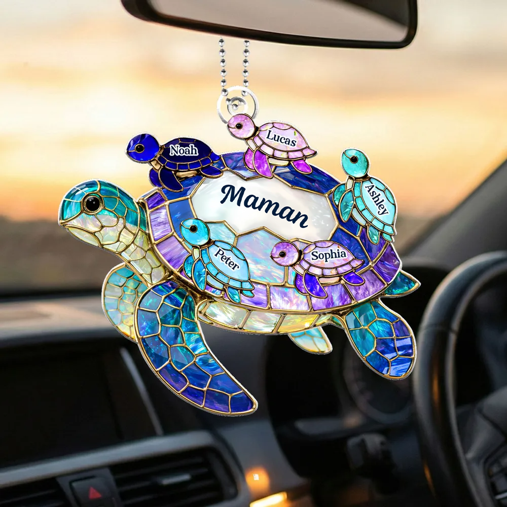 Pendentif en acrylique personnalisé avec tortues marines – Cadeau pour maman et mamie