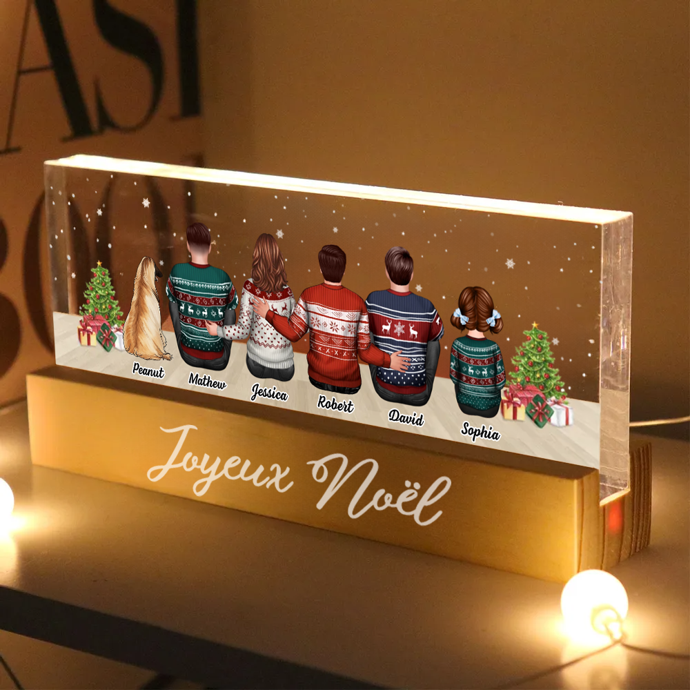 Veilleuse LED personnalisée avec famille, chats et chiens – Cadeau de Noël personnalisé