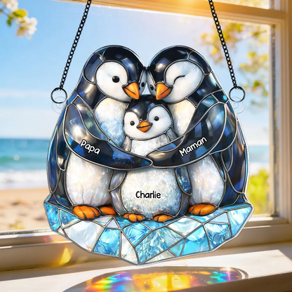 Famille de pingouins – Ornement attrape-soleil personnalisé avec prénoms – Cadeau pour papa et maman