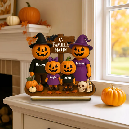 Famille Halloween avec citrouilles – Plaque en bois personnalisée avec noms