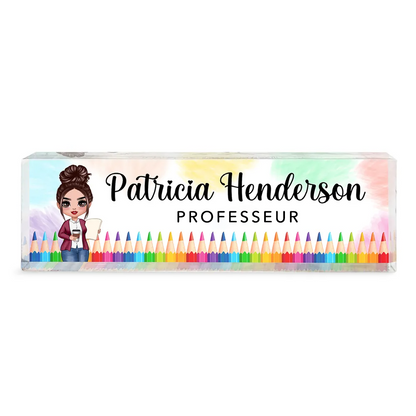 Plaque nominative en acrylique personnalisée – Pour enseignantes avec motifs de crayons de couleur