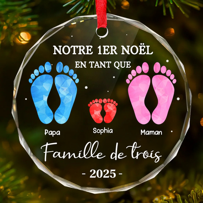Décoration en verre personnalisée « Notre premier Noël en famille à trois » Ornement de Noël