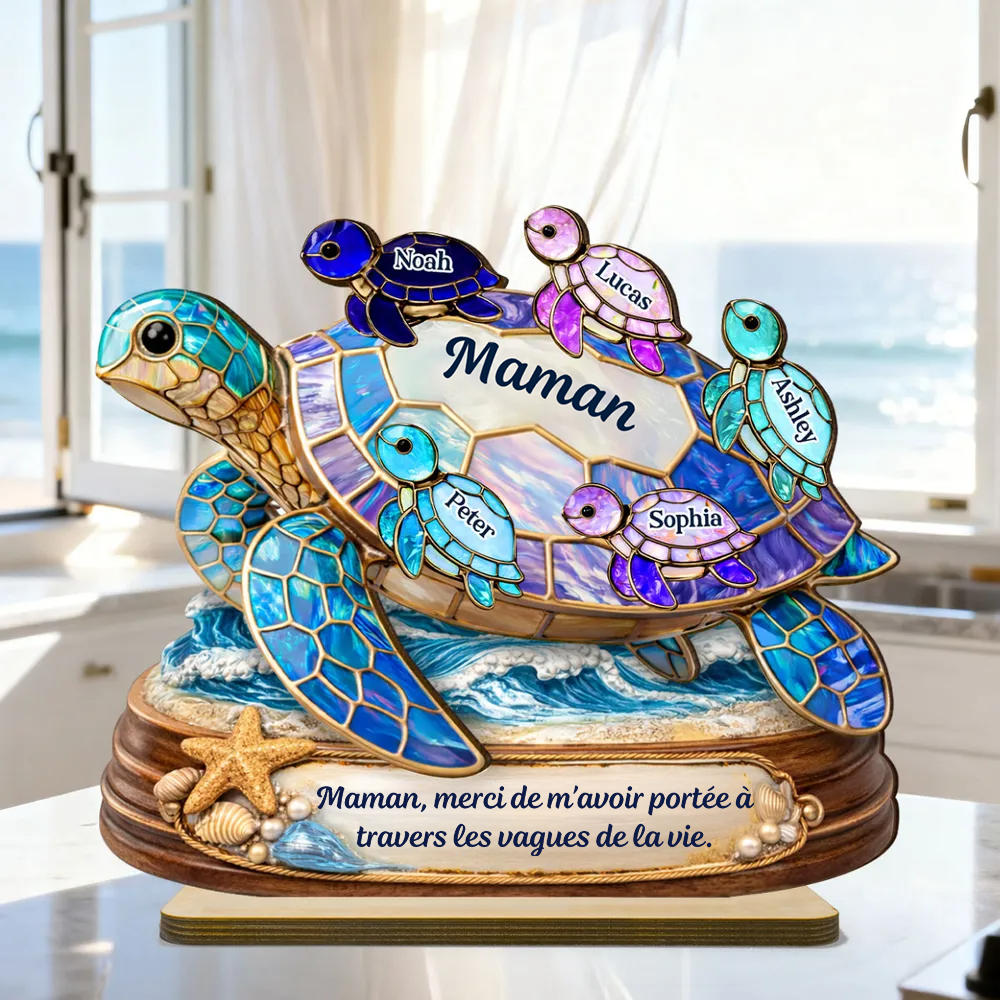 Maman / mamie tortue avec enfants – Présentoir en bois personnalisé avec prénoms et texte