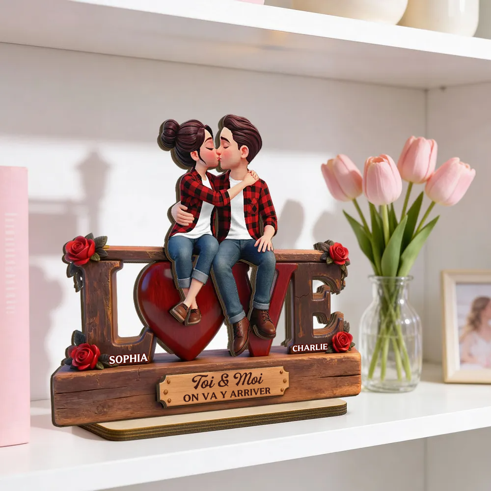 LOVE – Présentoir en bois personnalisé avec couple et texte – Cadeau pour anniversaire de mariage et Saint-Valentin