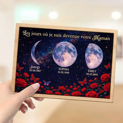 Roses et phases de lune – Présentoir en bois personnalisé – Cadeau pour maman