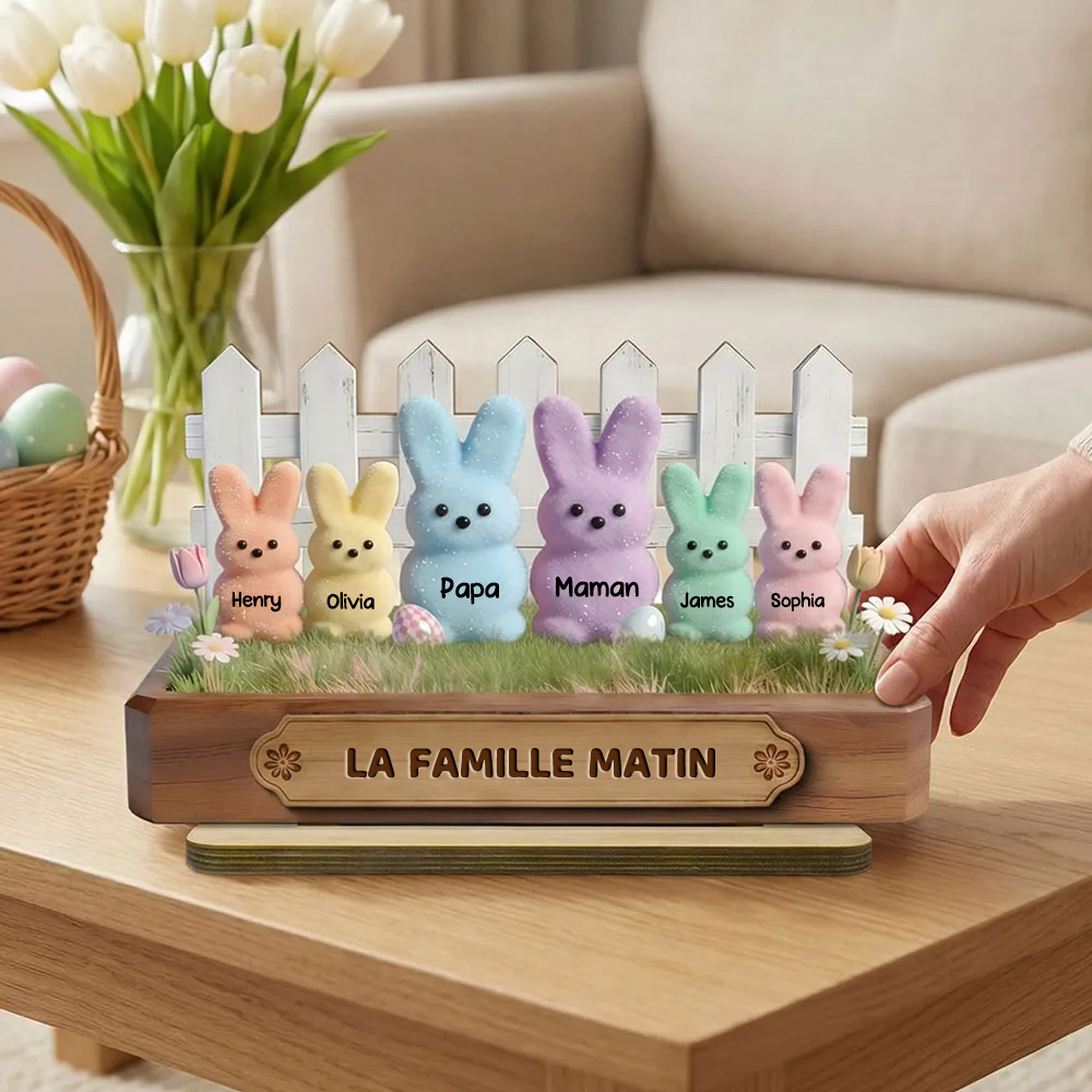 Famille de lapins – Présentoir en bois personnalisé avec prénoms – Cadeau pour papi, mamie et maman