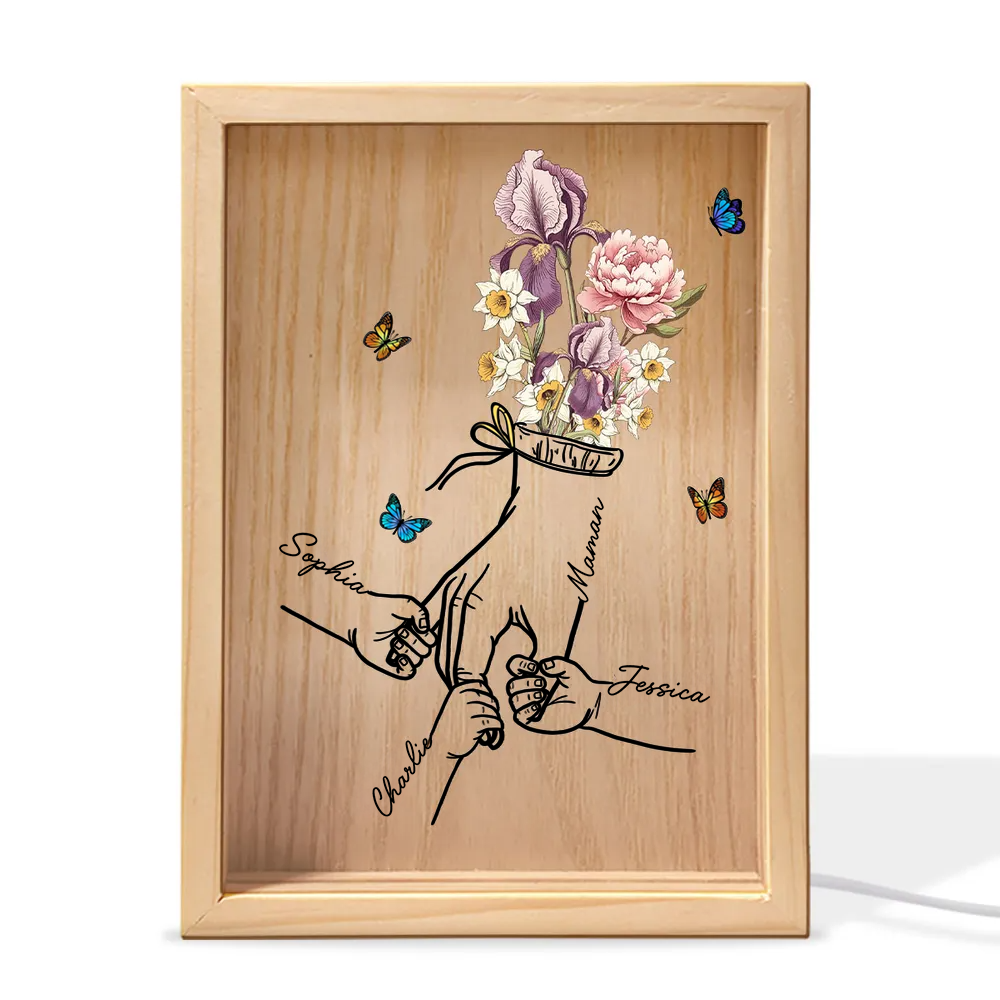 Boîte lumineuse avec cadre en bois, fleurs de naissance et mains – Cadeau pour maman et mamie