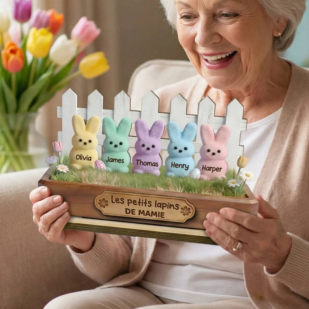 Décoration en bois personnalisé avec lapins – Cadeau pour mamie