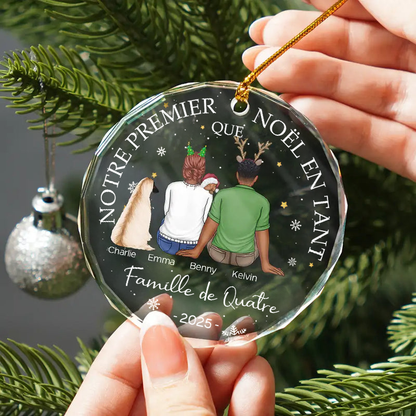 Notre premier Noël en famille... Orement de Noël personnalisée en verre avec bébé, chien et chat