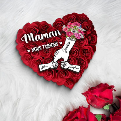 Décoration en bois personnalisé « Main dans la main » avec roses – Cadeau pour maman et mamie