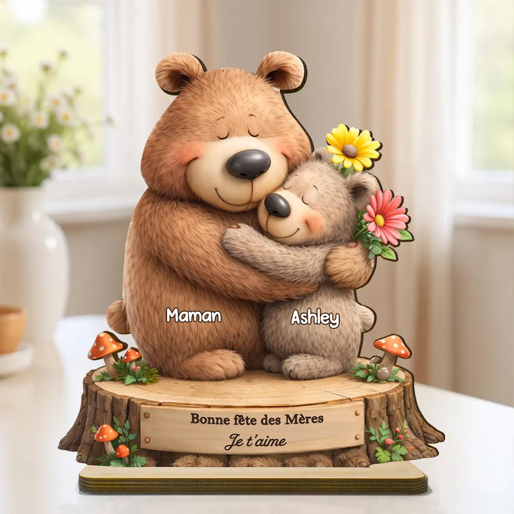 Présentoir en bois personnalisé avec motif d’ours – Cadeau pour maman et mamie