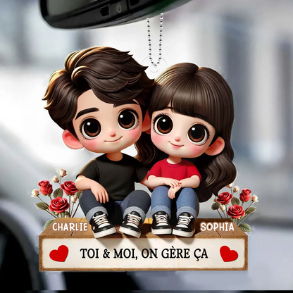 Pendentif en acrylique personnalisé avec illustration cartoon – Cadeau pour couple