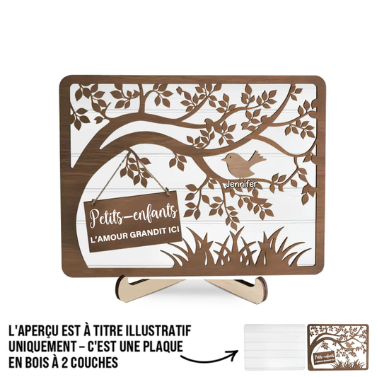 Plaque en bois Arbre et Oiseaux personnalisée avec 1 à 10 prénoms – Cadeau pour Mamie